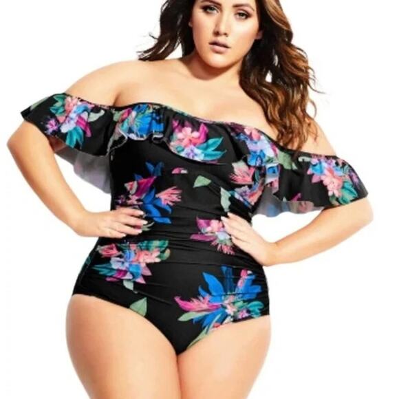 City Chic Elba Tropical Ruffle Off Shoulder One Piece Bathing Suit plus 22 24 2X - Picture 1 of 14